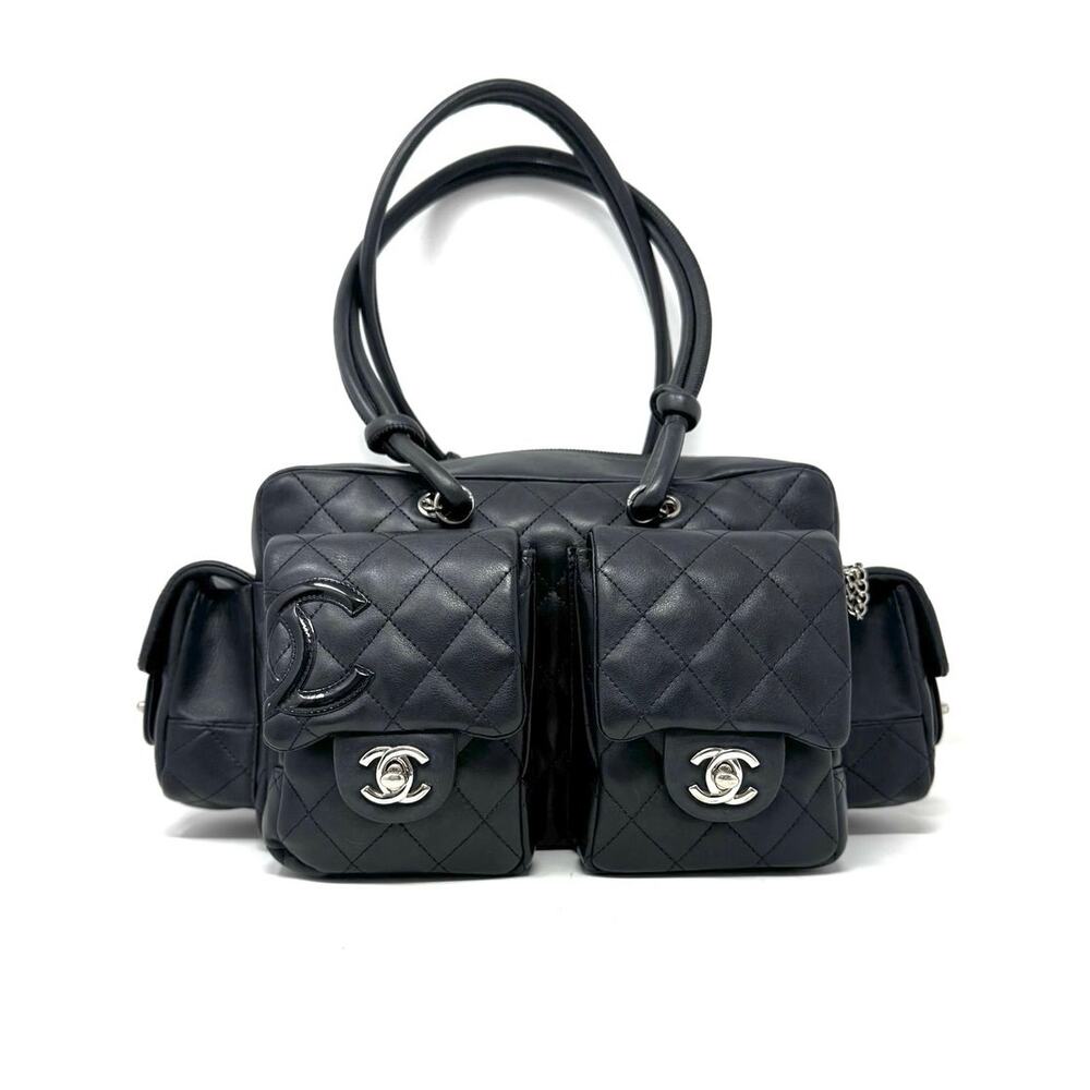 Chanel 2005 Cambon Reporter Bag Black Quilted Calfskin Silver Hardware w card